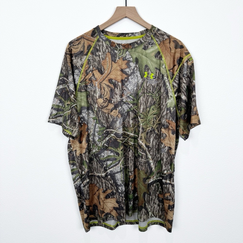 Under Armour Shirt‎ Mens 2XL Green Mossy Oak Camo Fall Leaves Performance Loose